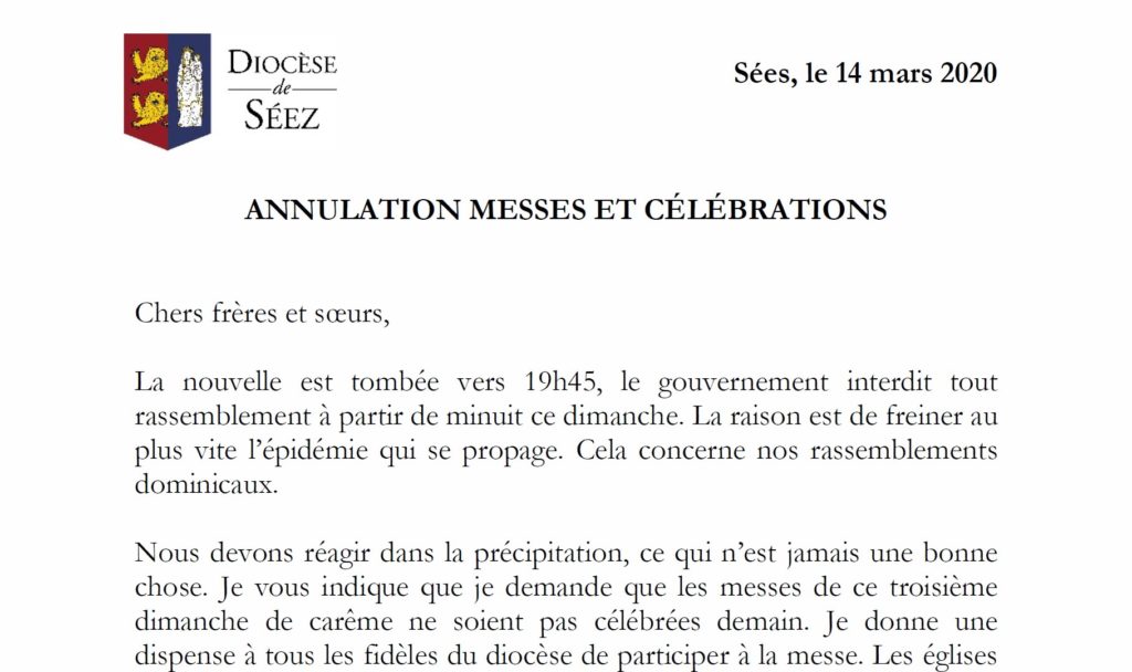 ANNULATION MESSES ET CÉLÉBRATIONS