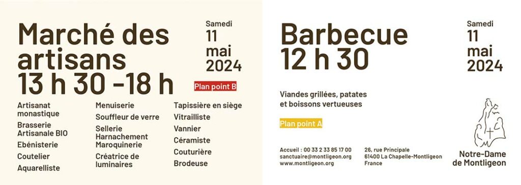 Barbecue et marché des artisans au Festival de l’Ascension – Sanctuaire Notre-Dame de Montligeon – Samedi 11 mai 2024 de 13 h 30 à 18 h 