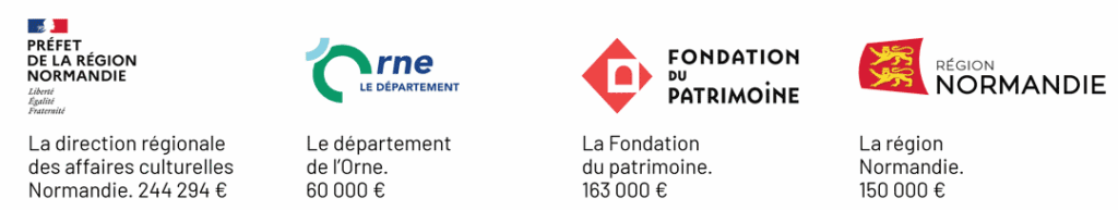 – la Direction régionale des affaires culturelles Normandie : 244 294 €
– le Département de l’Orne : 60 000 €
– la Fondation du patrimoine : 163 000 €
– la Région Normandie : 150 000 €